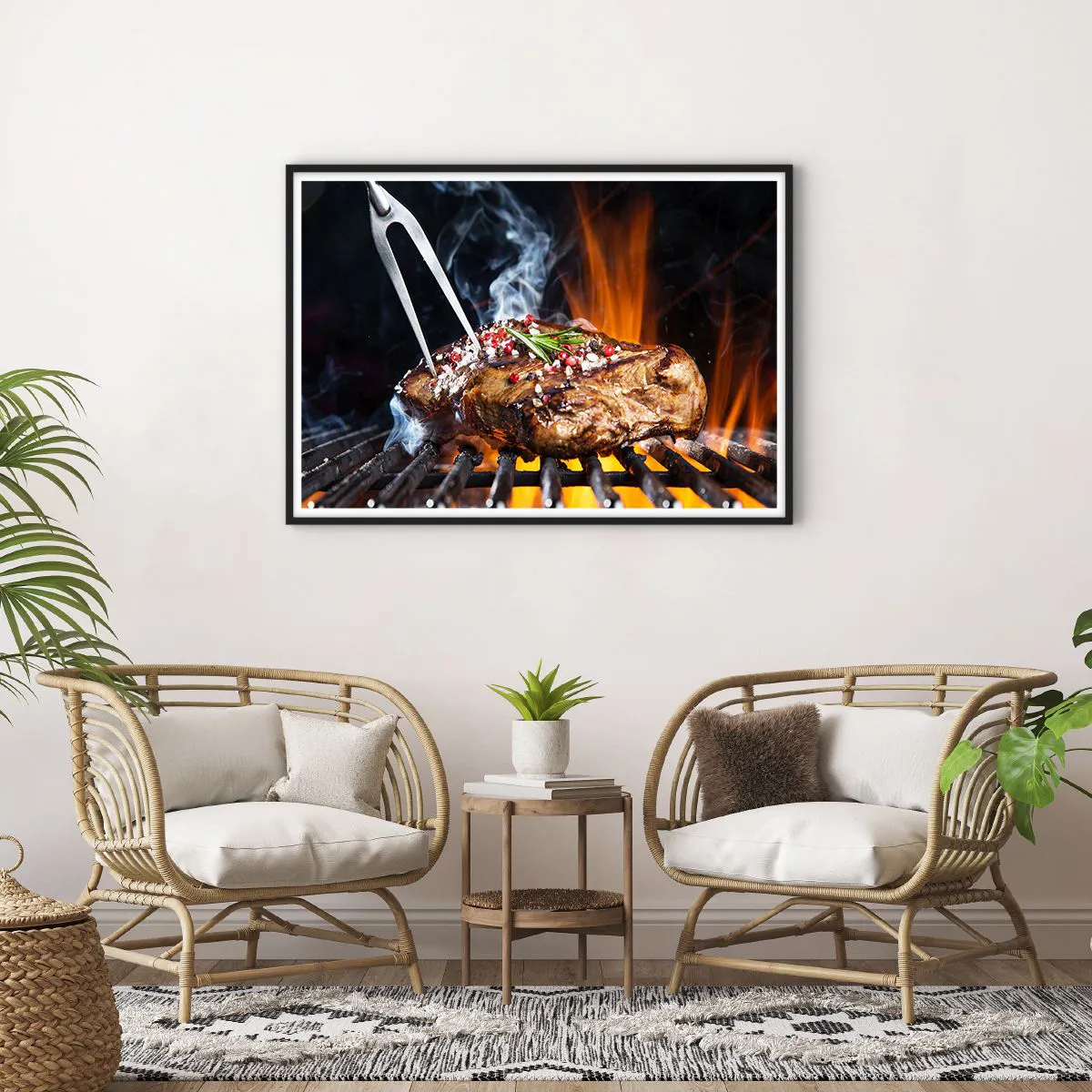 Affiche dans un cadre noir - Poster - Steak grillé sur un gril aux épices - 100x70cm - Juteux et parfumé - Décoration murale moderne pour le salon et la chambre ARTTOR