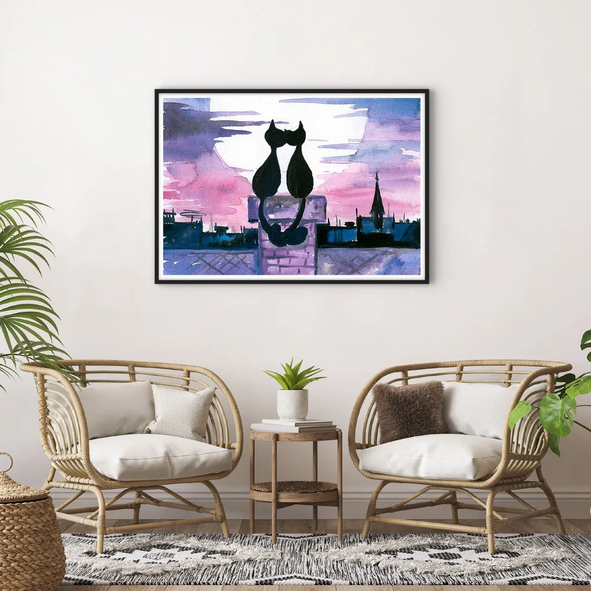 Poster in einem schwarzem Rahmen - Schwarze Katzen auf einem Dach im Mondlicht in einer Aquarell-Kulisse - 100x70cm - Rendez-vous unter dem Mond - Moderne Wanddekoration für Wohnzimmer und Schlafzimmer ARTTOR