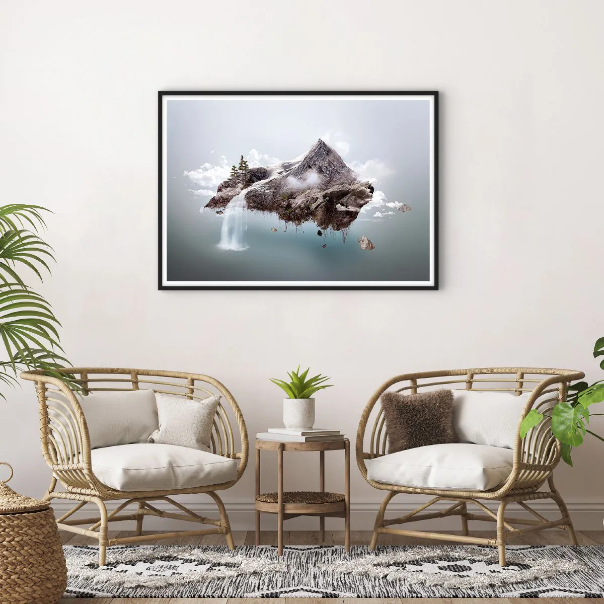 Póster en marco negro - Una montaña surrealista flotando en las nubes con una cascada. - 100x70cm - Isla surrealista - Decoración de pared moderna para salón y dormitorio ARTTOR