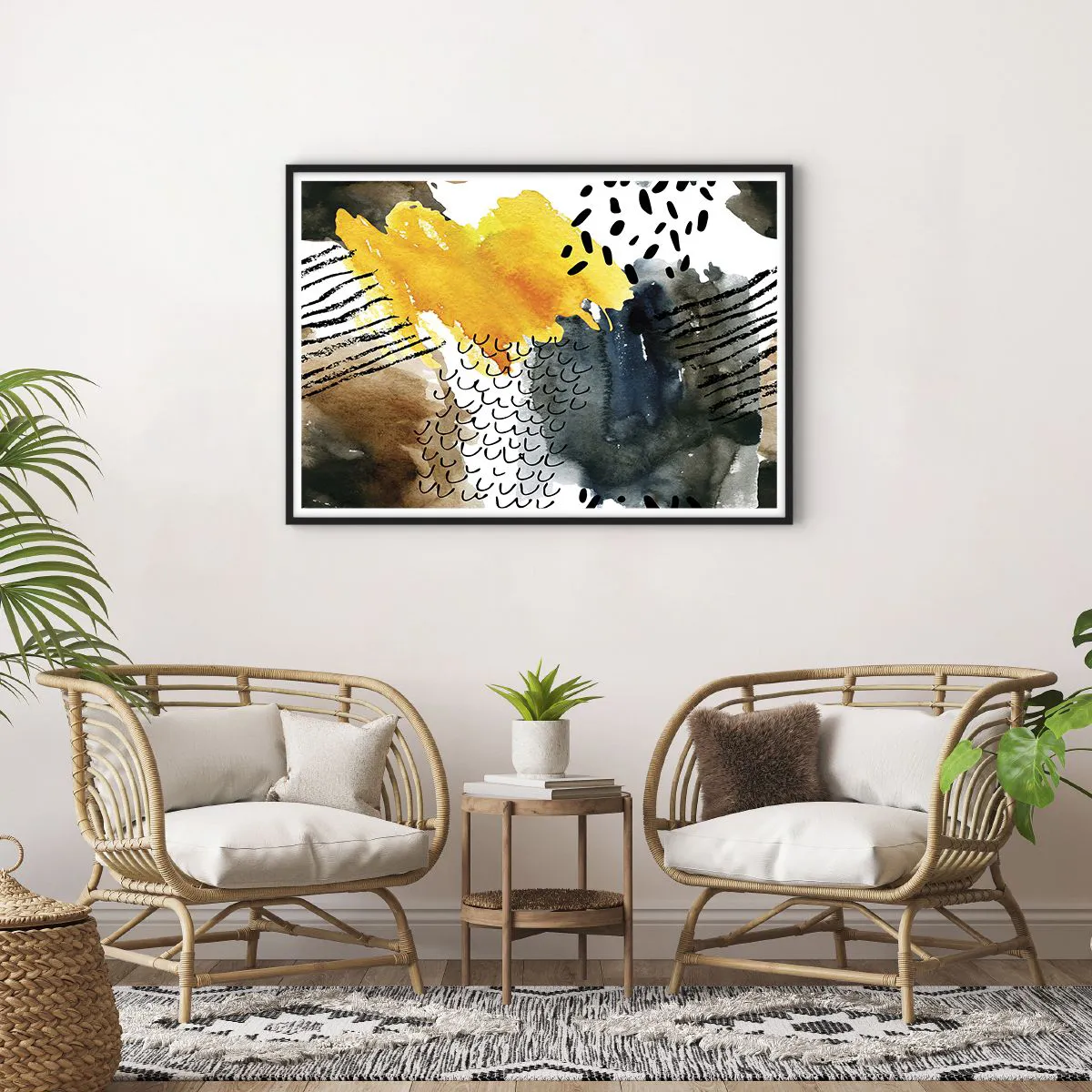 Plakat w czarnej ramie - Abstrakcyjna kompozycja z żółtymi akcentami i graficznymi wzorami - 100x70cm - Spotkanie żywiołów - Nowoczesna dekoracja ścienna do salonu i sypialni ARTTOR