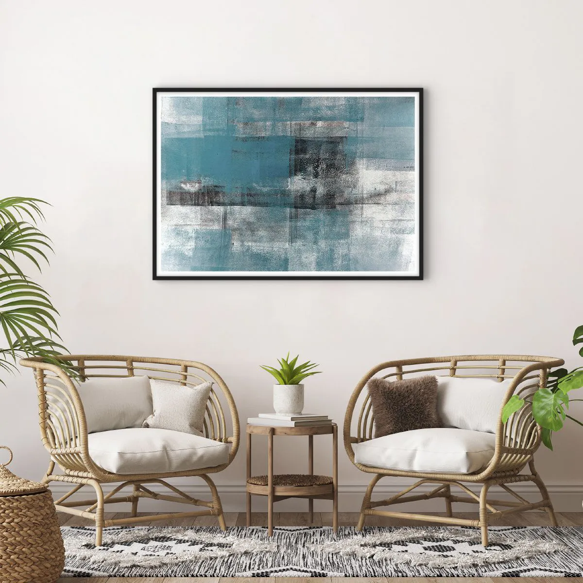 Poster in einem schwarzem Rahmen - Eine abstrakte Komposition in Blautönen mit Textur und Schichten. - 100x70cm - Wasser und Luft - Moderne Wanddekoration für Wohnzimmer und Schlafzimmer ARTTOR