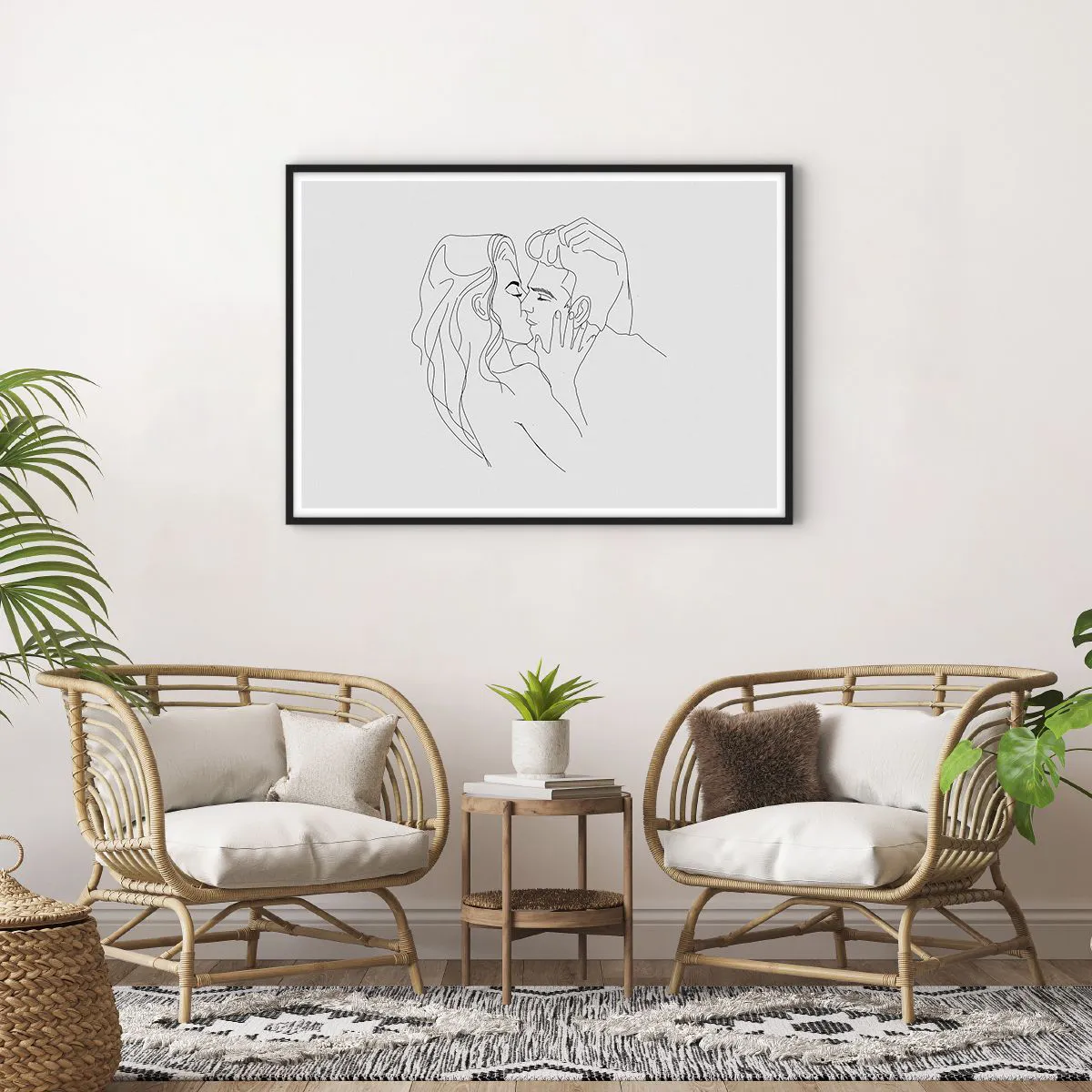 Poster in einem schwarzem Rahmen - Die Umrisse eines sich küssenden Paares auf hellem Hintergrund - 100x70cm - Dieselbe Linie - Moderne Wanddekoration für Wohnzimmer und Schlafzimmer ARTTOR