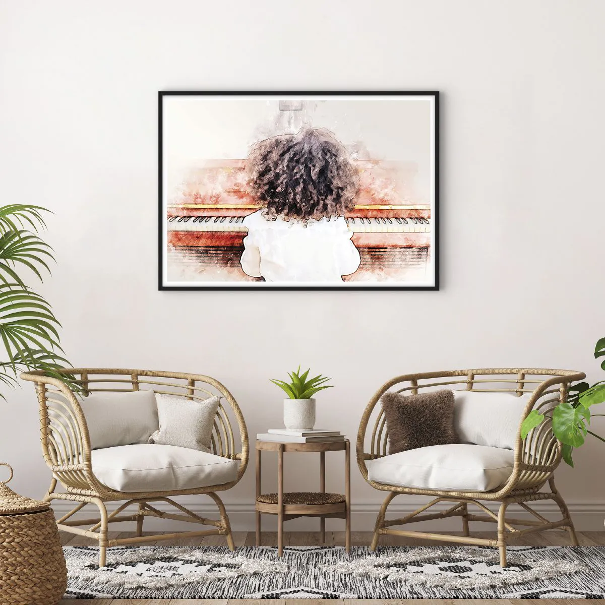 Poster in einem schwarzem Rahmen - Ein Mädchen mit buschigem Haar am Klavier - 100x70cm - In der neuen Welt - Moderne Wanddekoration für Wohnzimmer und Schlafzimmer ARTTOR