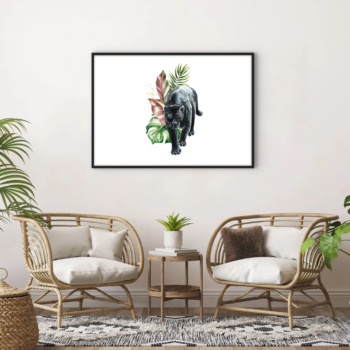 Poster in cornice nera - Pantera nera circondata da foglie tropicali - 100x70cm - Cuore selvaggio - Decorazione murale moderna per soggiorno e camera da letto ARTTOR