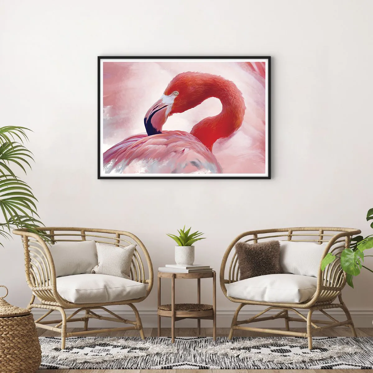 Affiche dans un cadre noir - Poster - Un flamant rose aux tons roses sur fond clair - 100x70cm - Beauté des oiseaux - Décoration murale moderne pour le salon et la chambre ARTTOR