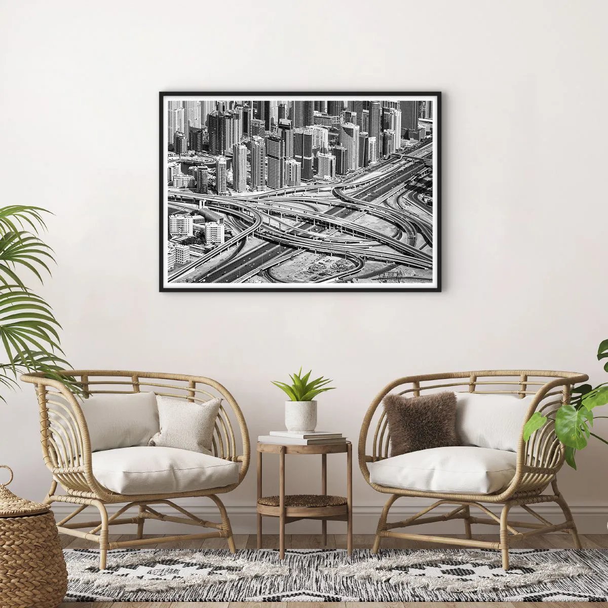 Poster in einem schwarzem Rahmen - Dubai aus der Vogelperspektive - 100x70cm - Dubai - die unmögliche Stadt - Moderne Wanddekoration für Wohnzimmer und Schlafzimmer ARTTOR