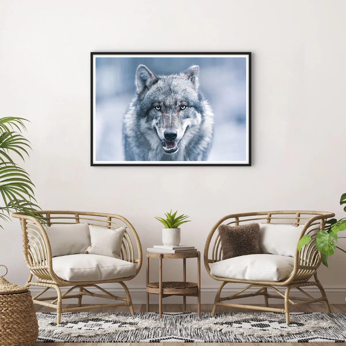 Poster in einem schwarzem Rahmen - Ein Wolf mit intensivem Blick in einer Winterlandschaft - 100x70cm - Werden Sie die Herausforderung annehmen? - Moderne Wanddekoration für Wohnzimmer und Schlafzimmer ARTTOR