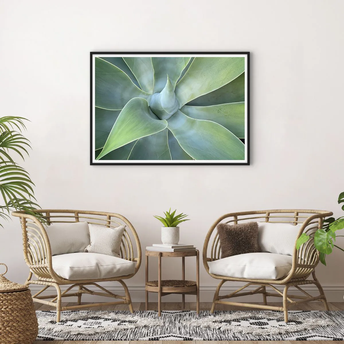 Poster in einem schwarzem Rahmen - Dezente Agavenblätter in Grüntönen - 100x70cm - Geburt des Grüns - Moderne Wanddekoration für Wohnzimmer und Schlafzimmer ARTTOR