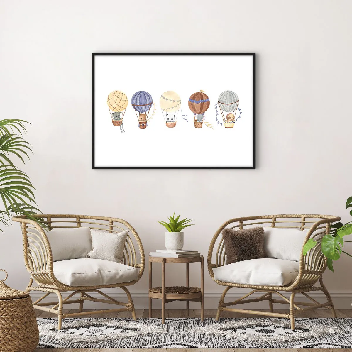 Affiche dans un cadre noir - Poster - Animaux mignons dans des ballons sur fond blanc - 100x70cm - Compagnons de voyage - Décoration murale moderne pour le salon et la chambre ARTTOR