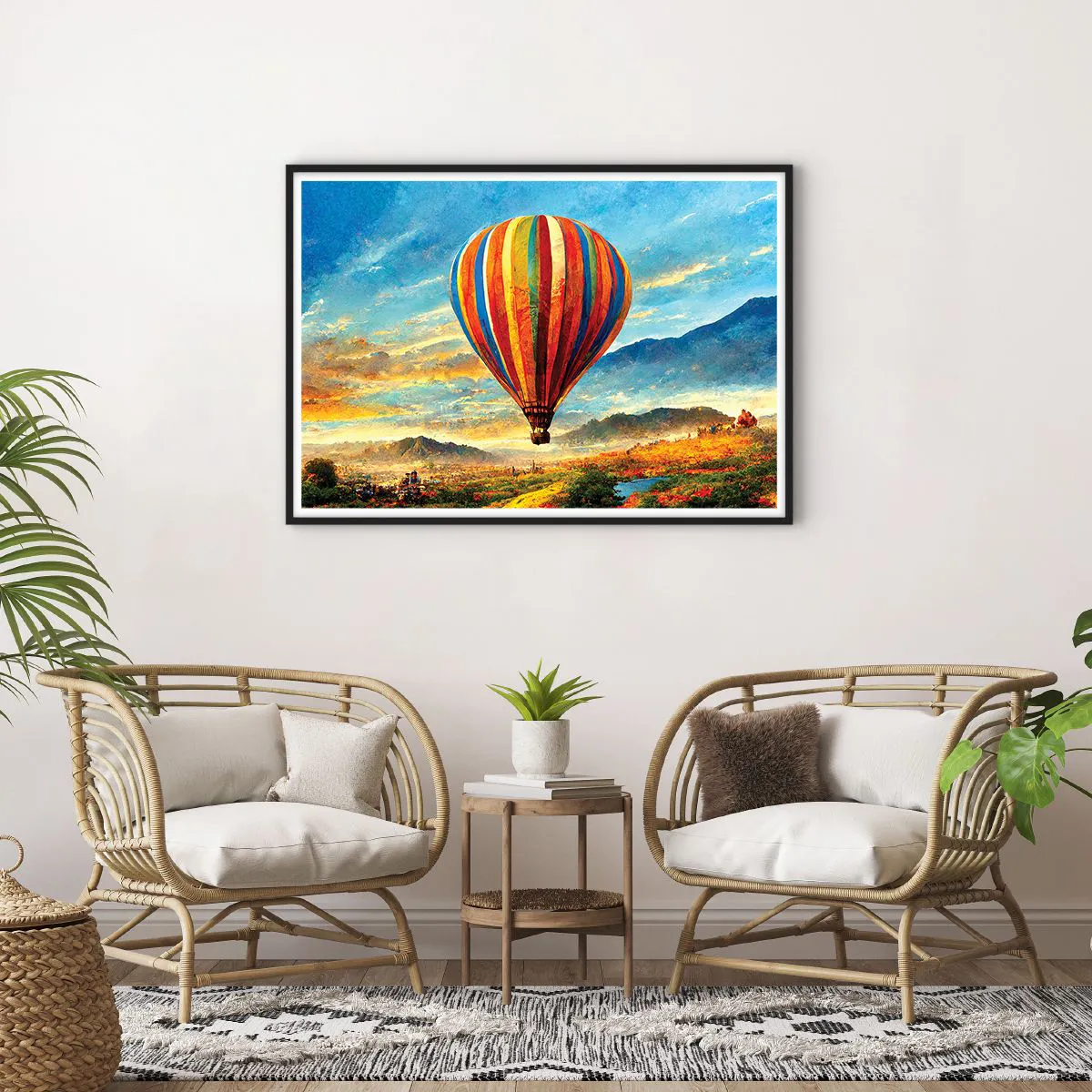 Poster in einem schwarzem Rahmen - Ein bunter Ballon über einer malerischen Landschaft - 100x70cm - In der Stille sieht man mehr - Moderne Wanddekoration für Wohnzimmer und Schlafzimmer ARTTOR