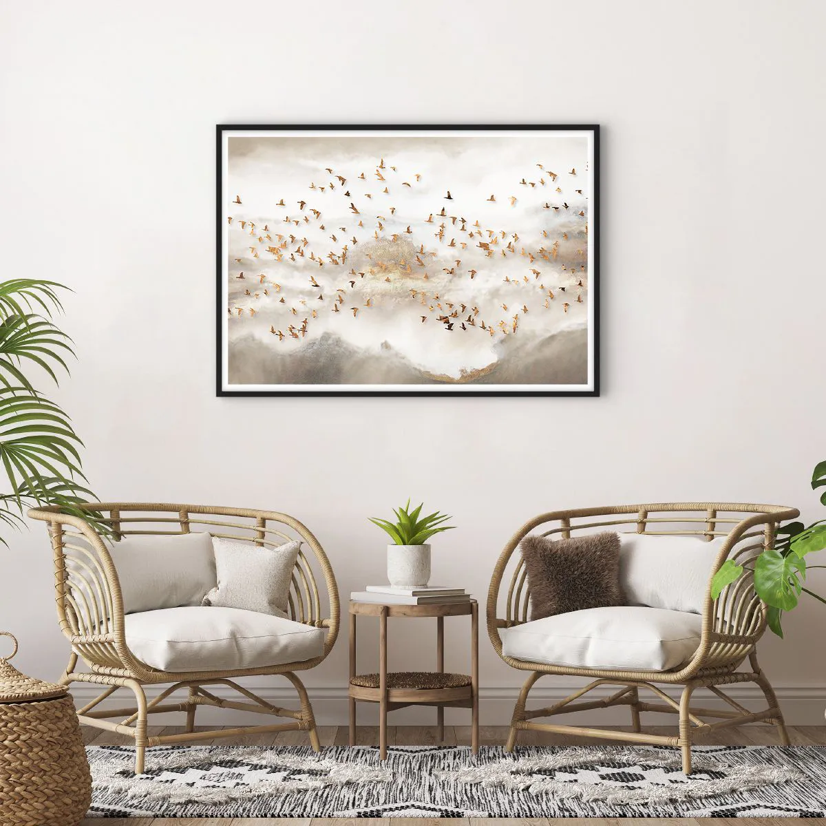 Affiche dans un cadre noir - Poster - Oiseaux dorés contre les montagnes brumeuses - 100x70cm - Il est l'heure… - Décoration murale moderne pour le salon et la chambre ARTTOR