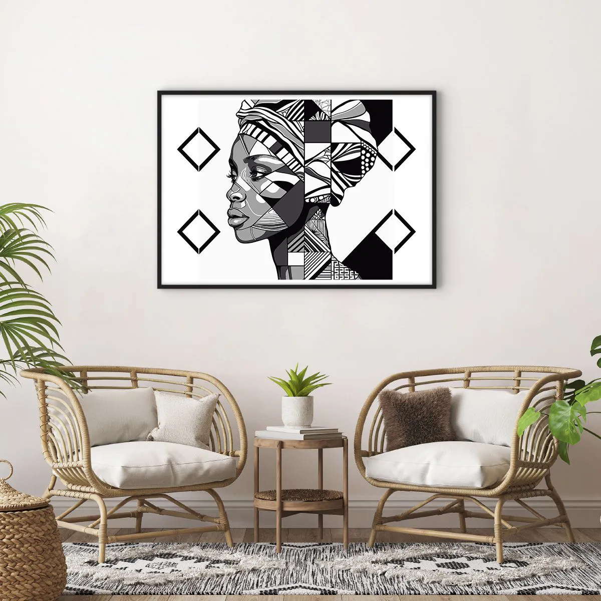 Poster in cornice nera - Ritratto in bianco e nero di una donna in stile etnico - 100x70cm - Ritratto etnico - Decorazione murale moderna per soggiorno e camera da letto ARTTOR