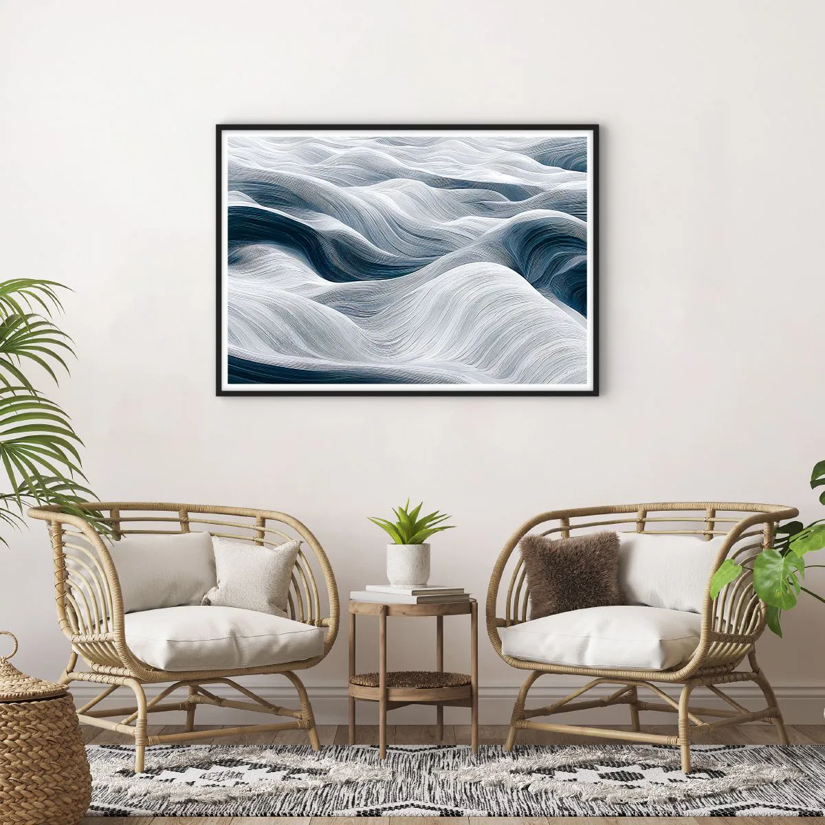 Affiche dans un cadre noir - Poster - Lignes ondulées dans des tons de bleu et de blanc - 100x70cm - Vagues blanches et bleues - Décoration murale moderne pour le salon et la chambre ARTTOR