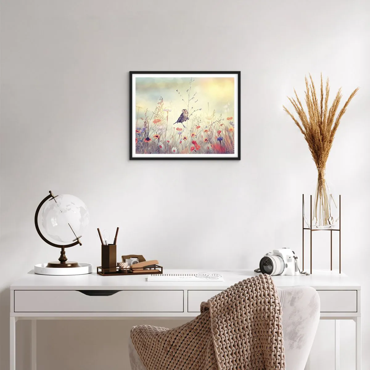 Poster in black frame - Bird Portrait with a Meadow in the Background - 50x40 cm