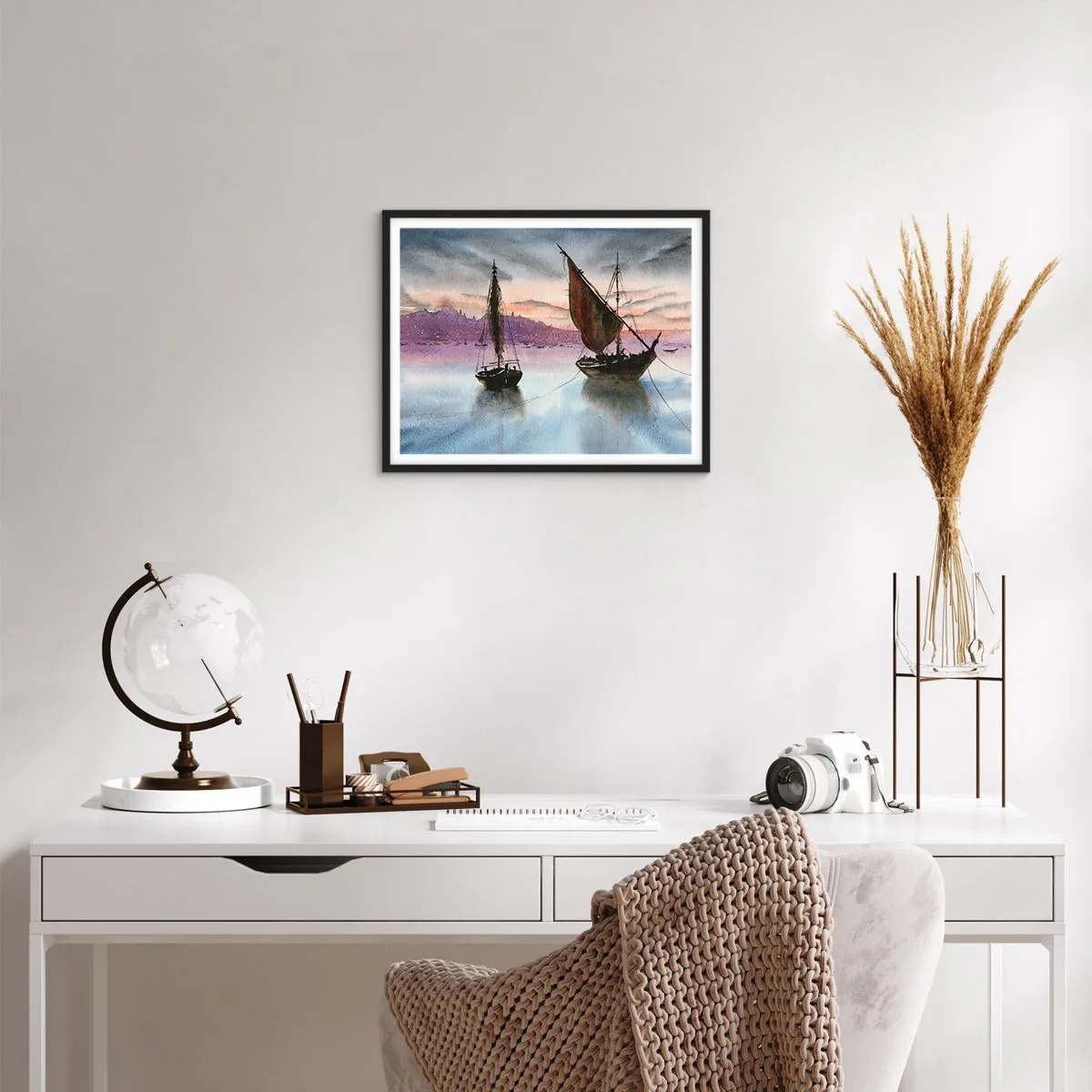 Affiche dans un cadre noir - Poster - Soirée au port - 50x40 cm