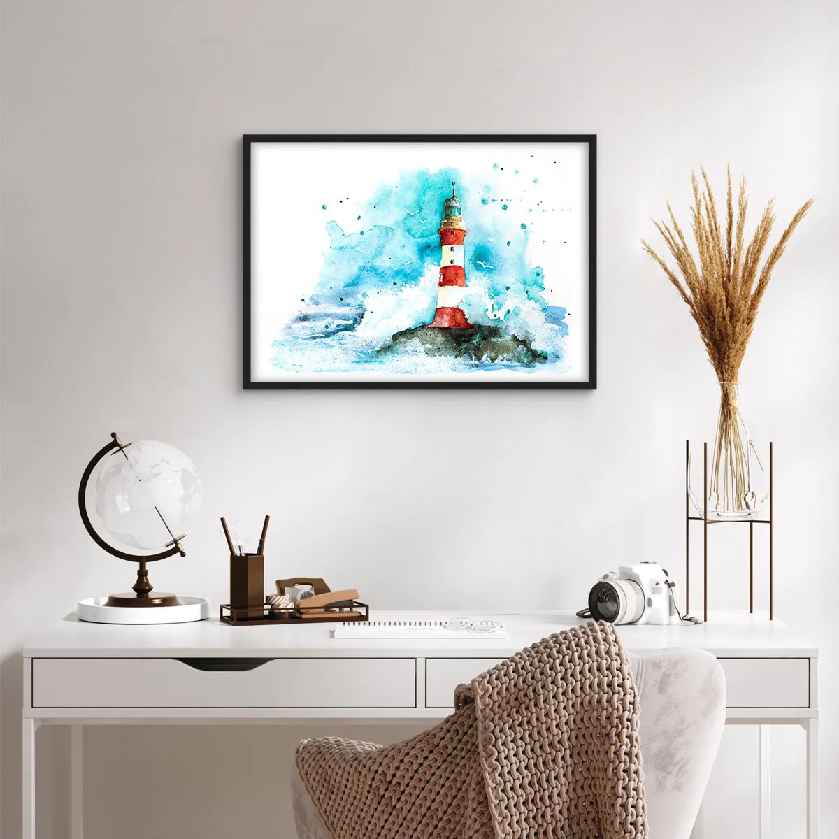 Affiche dans un cadre noir - Poster - Un phare dans un décor aquarelle sur fond bleu - 70x50cm - Unité des éléments - Décoration murale moderne pour le salon et la chambre ARTTOR
