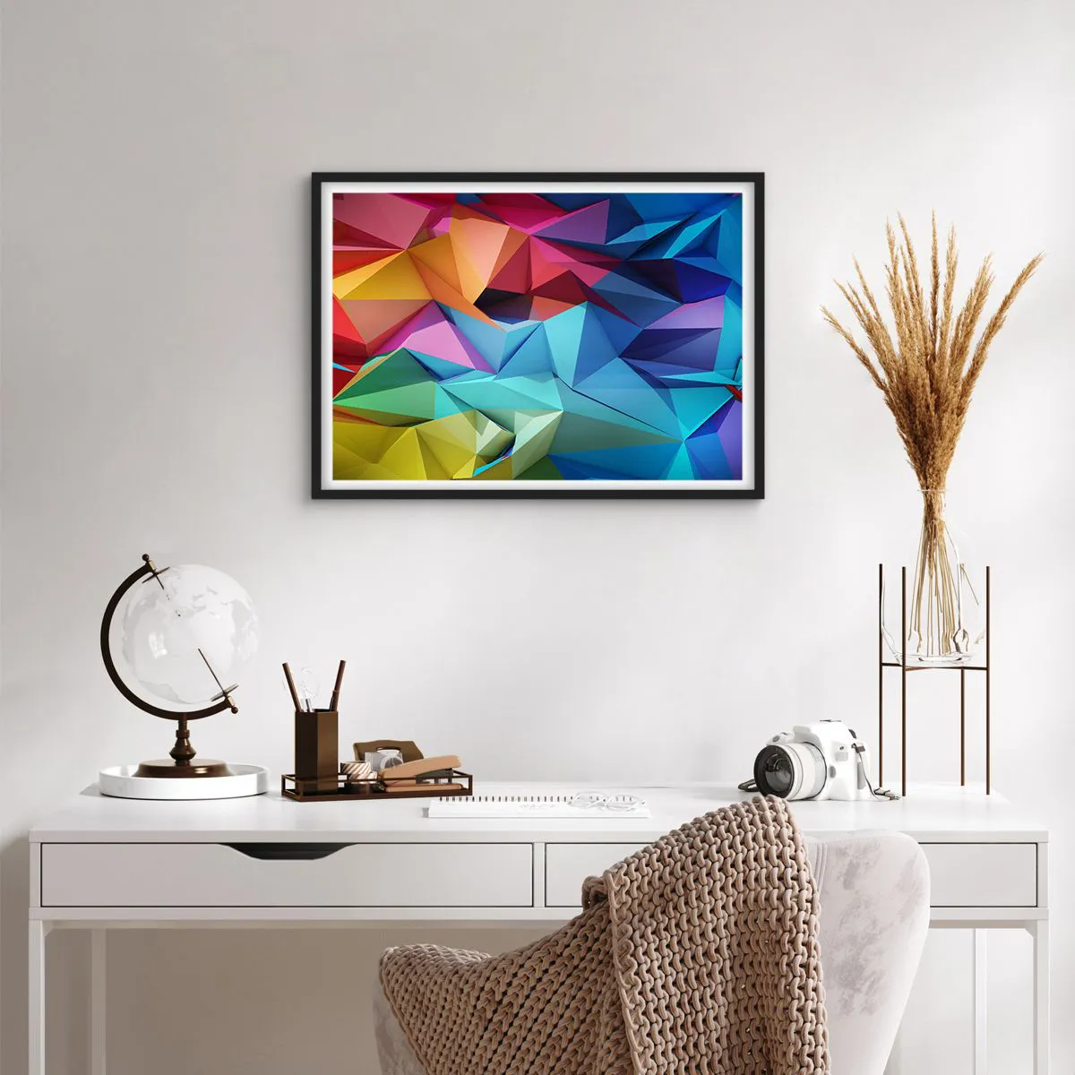 Poster in einem schwarzem Rahmen - Bunte geometrische Abstraktion in lebendigen Farben - 70x50cm - Regenbogen-Origami - Moderne Wanddekoration für Wohnzimmer und Schlafzimmer ARTTOR