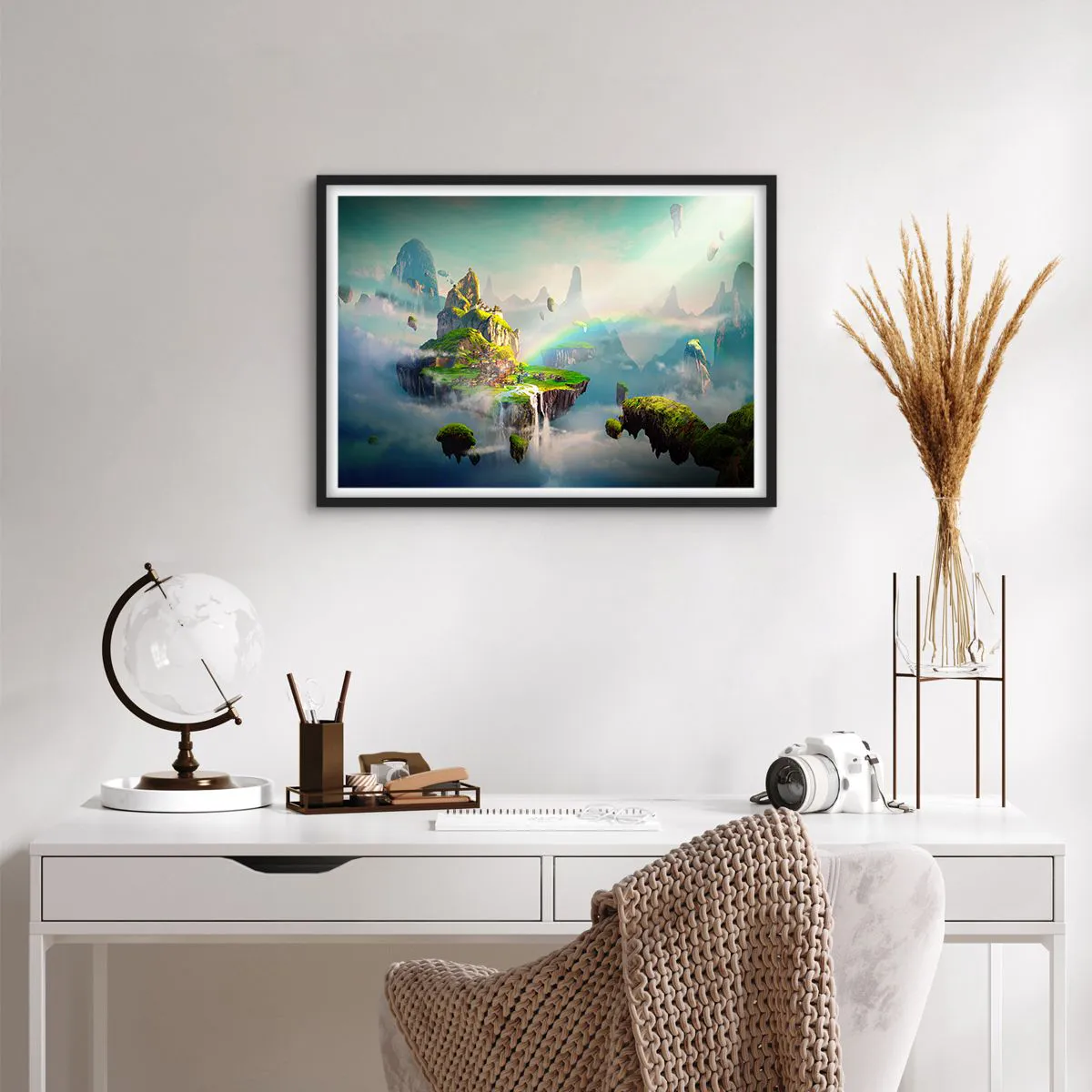 Poster in einem schwarzem Rahmen - Fliegende Inseln zwischen den Wolken mit einem Regenbogen am Horizont - 70x50cm - Mitten am Himmel - glückliche Inseln - Moderne Wanddekoration für Wohnzimmer und Schlafzimmer ARTTOR