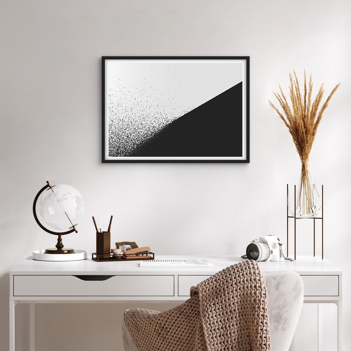 Set di 2 quadri astratti geometrici da parete, due pezzi in bianco e nero, stile scandinavo minimalista contemporaneo. Set di opere d'arte minimaliste monocromatiche. - Italia