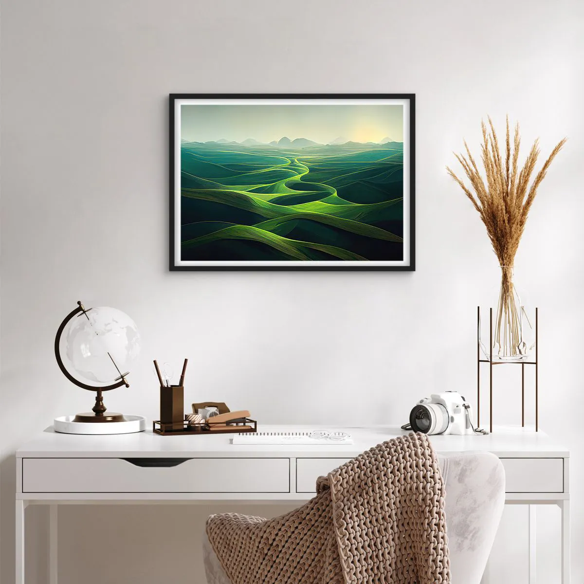 Affiche dans un cadre noir - Poster - Collines verdoyantes avec des sentiers vallonnés - 70x50cm - Dans les vallées verdoyantes - Décoration murale moderne pour le salon et la chambre ARTTOR