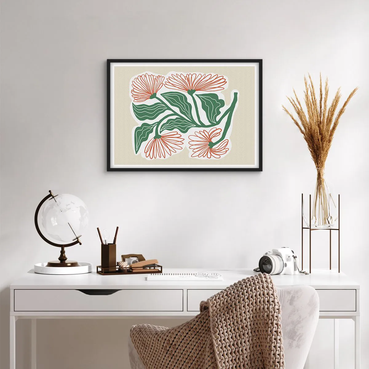 Plakat w czarnej ramie - Rysunek kwiatów w stylu minimalistycznym z zielonymi liśćmi - 70x50cm - Ludowe i nowoczesne - Nowoczesna dekoracja ścienna do salonu i sypialni ARTTOR