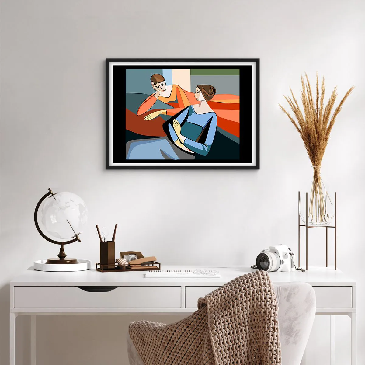 Affiche dans un cadre noir - Poster - Illustration abstraite de deux femmes dans le style cubiste - 70x50cm - Un moment de confiance - Décoration murale moderne pour le salon et la chambre ARTTOR