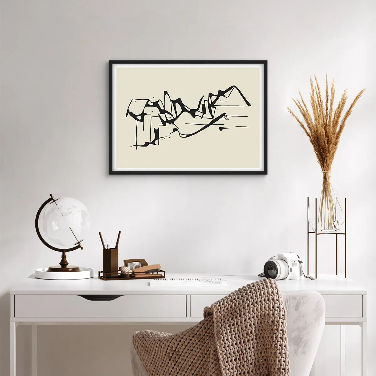 Póster en marco negro - Dibujo abstracto de montañas en blanco y negro - 70x50cm - Tal vez sea un paisaje - Decoración de pared moderna para salón y dormitorio ARTTOR