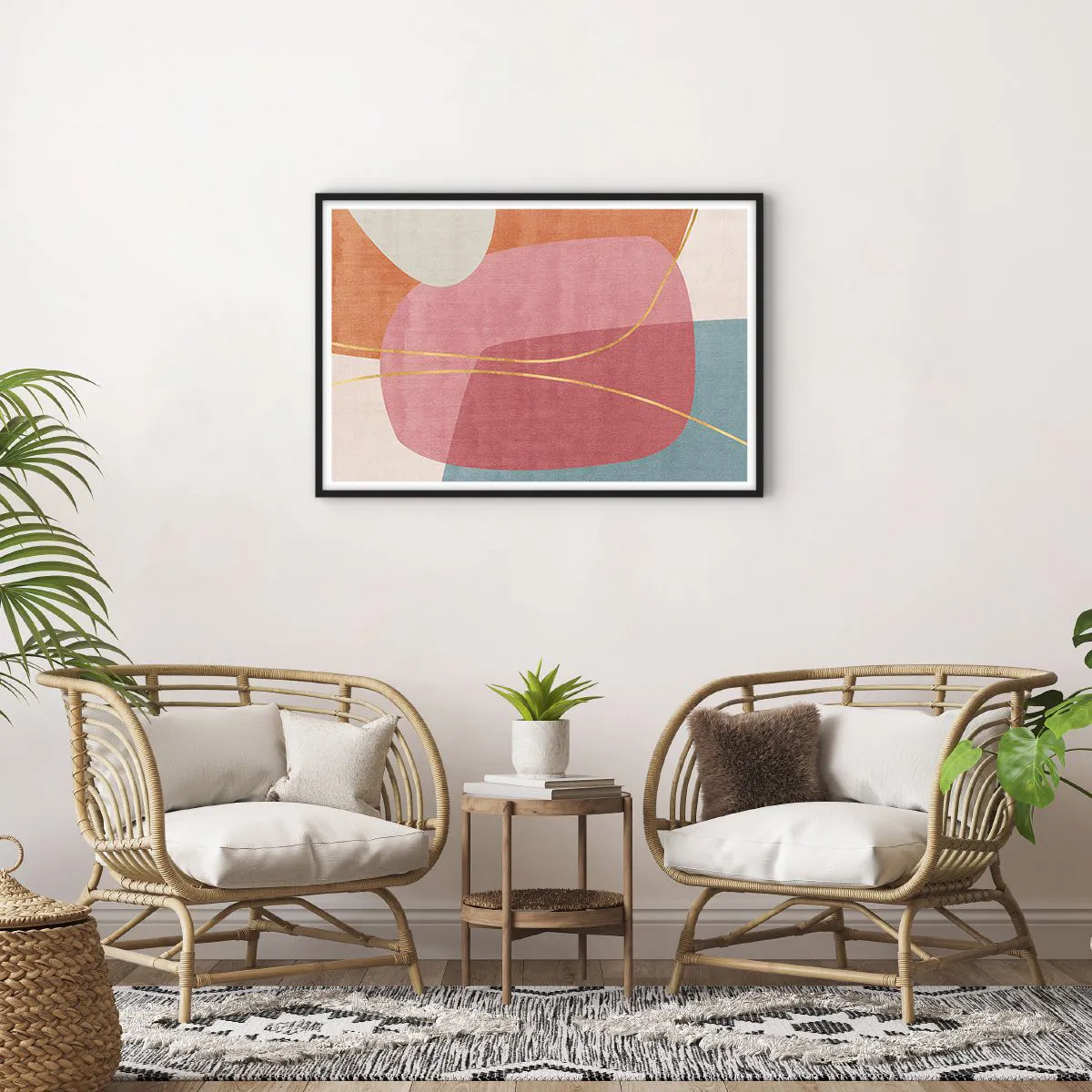 Poster in einem schwarzem Rahmen - Pastellkomposition mit Goldfaden - 91x61 cm