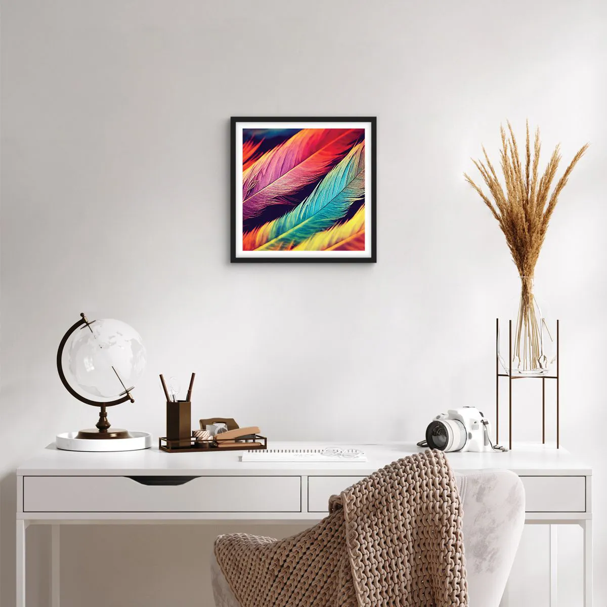 Plakat i sort ramme - Fjeragtig regnbue - 40x40 cm