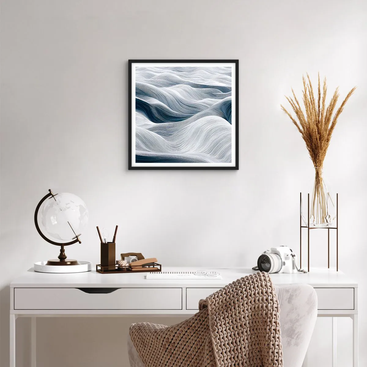 Plagát v čiernom ráme - Biele a modré vlny - 50x50 cm