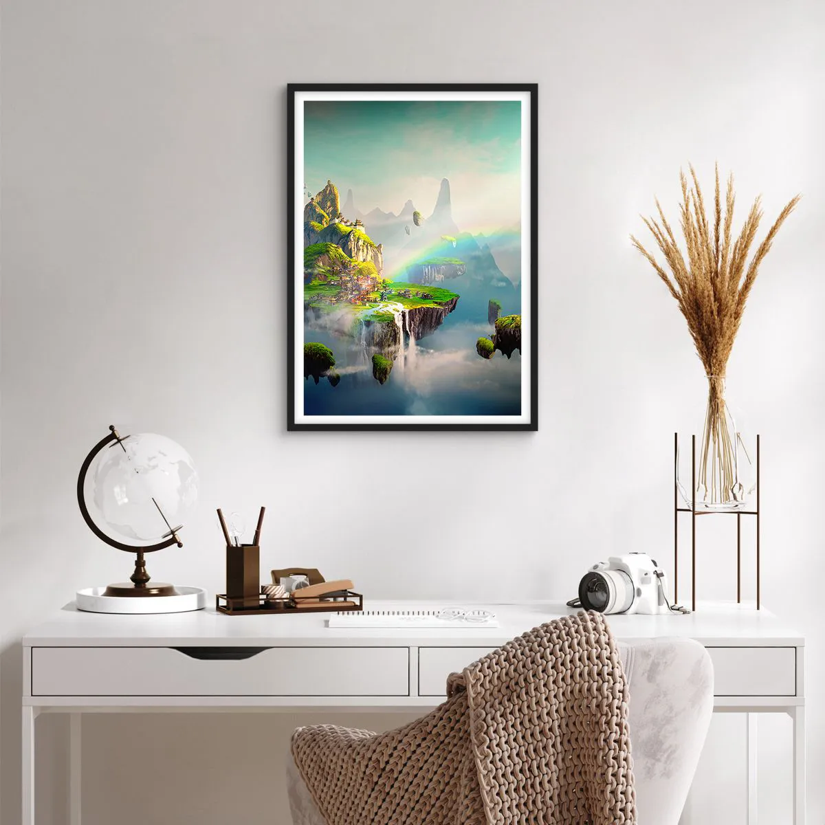 Plagát v čiernom ráme - Magická krajina s horami, dúhou a vodopádom - 50x70cm - Uprostred neba - šťastné ostrovy - Moderná nástenná dekorácia do obývacej izby a spálne ARTTOR
