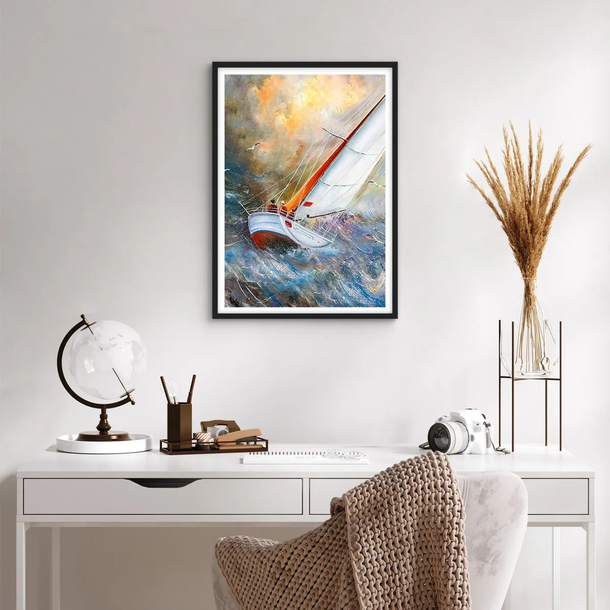 Póster en marco negro - Un yate navegando en un mar tempestuoso en un paisaje pintoresco. - 50x70cm - Surcando las olas - Decoración de pared moderna para salón y dormitorio ARTTOR