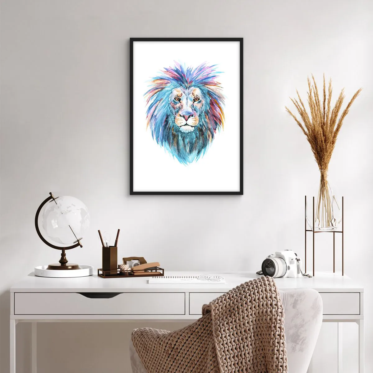 Affiche dans un cadre noir - Poster - Un lion à l'aquarelle colorée sur fond blanc - 50x70cm - Aura électrique - Décoration murale moderne pour le salon et la chambre ARTTOR