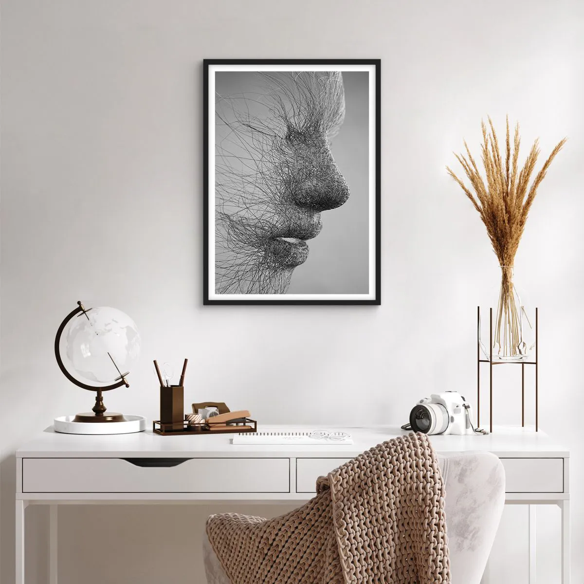 Poster in einem schwarzem Rahmen - Ein Gesichtsprofil aus feinen Linien und Texturen - 50x70cm - Der Geist des Windes - Moderne Wanddekoration für Wohnzimmer und Schlafzimmer ARTTOR