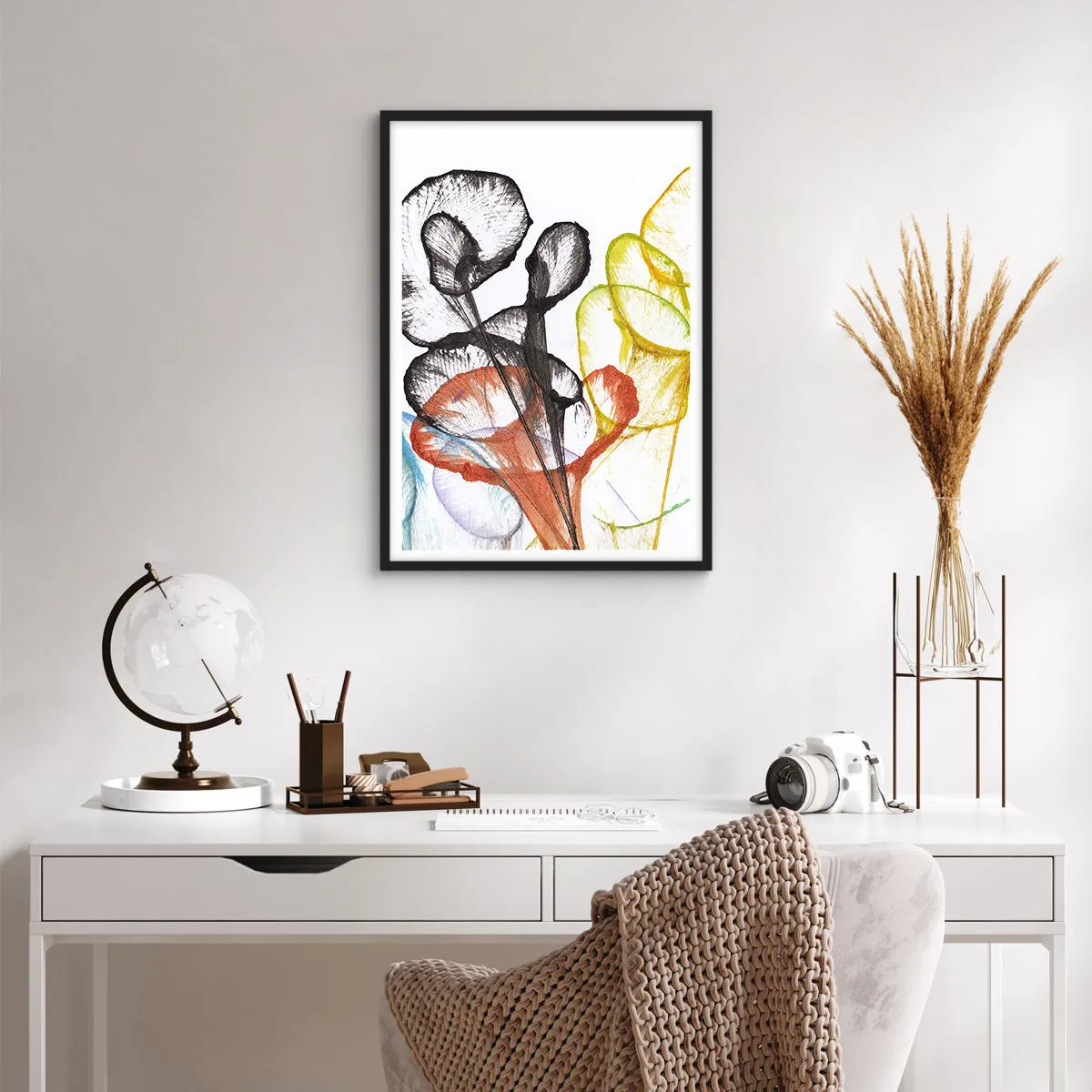 Pôster com moldura preta - Folhas coloridas em uma composição artística e transparente - 50x70cm - Flores com alma - Decoração de parede moderna para a sala de estar e quarto ARTTOR