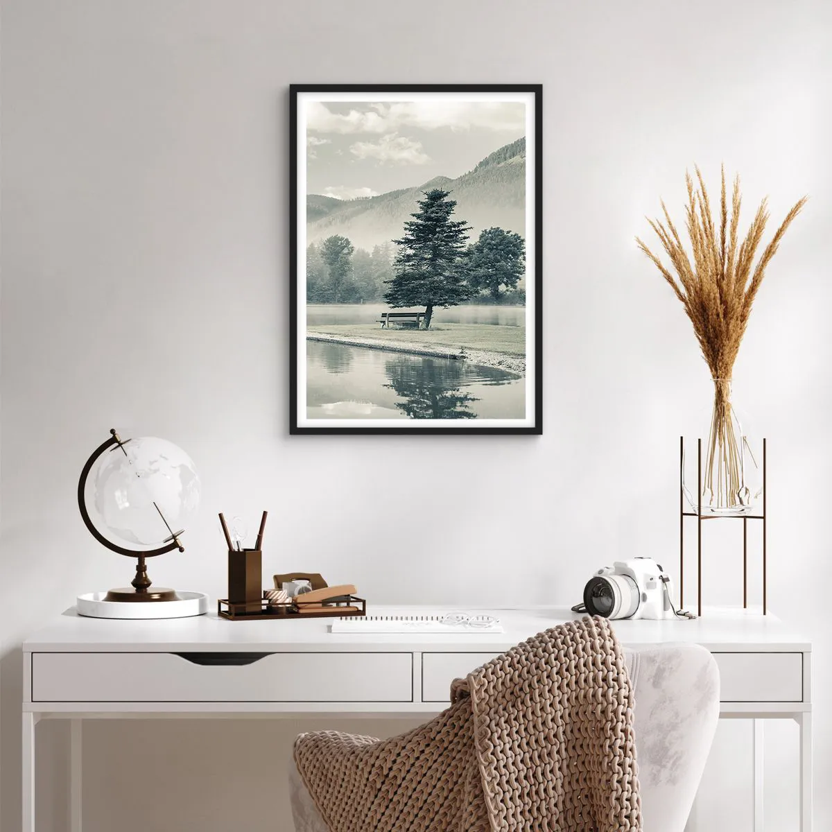 Poster in black frame - A bench under a tree by a lake with a mountain backdrop - 50x70cm - Lake Is Still Asleep - Modern wall decoration for the living room and bedroom ARTTOR
