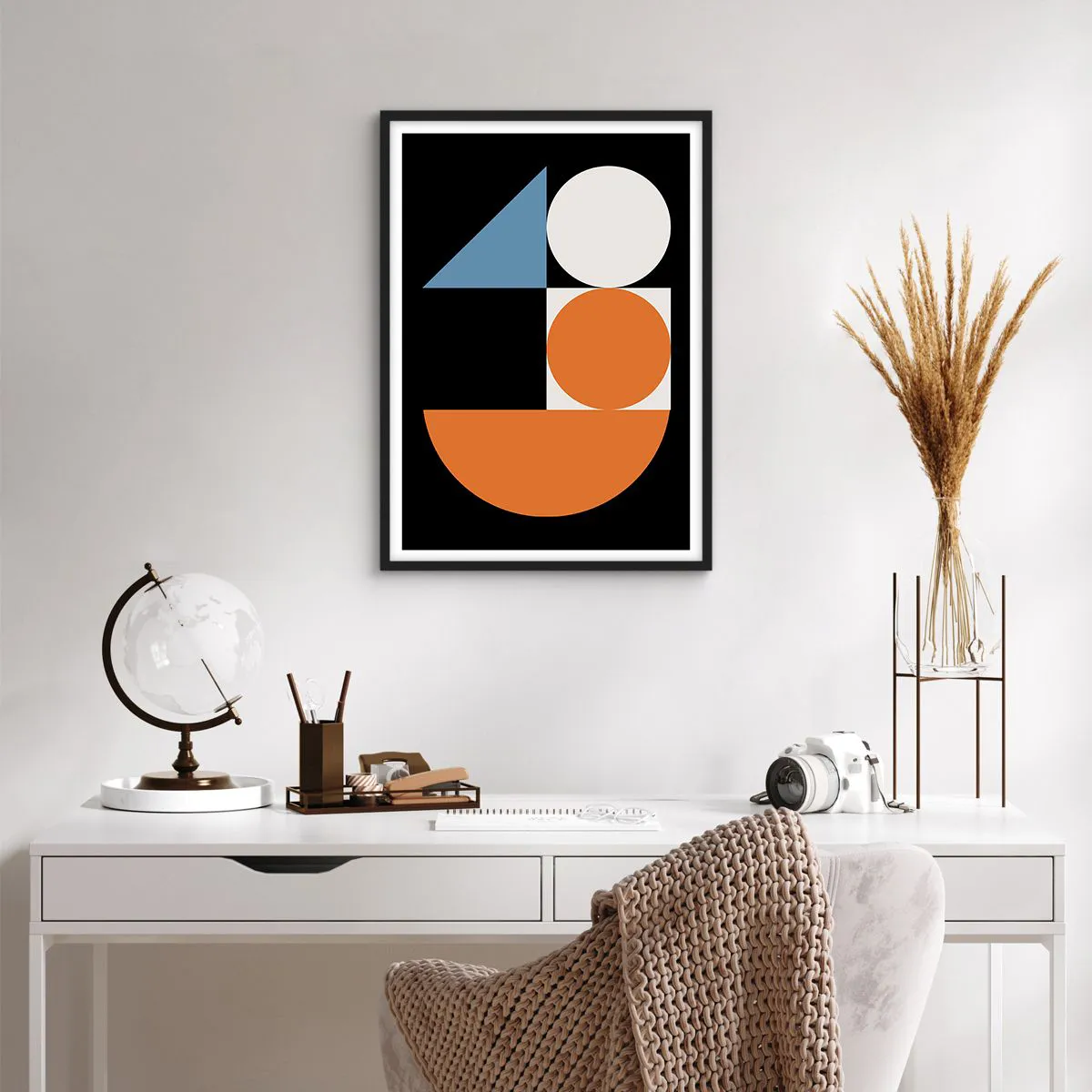 Plagát v čiernom ráme - Moderný geometrický vzor s kruhmi, trojuholníkmi a polkruhmi - 50x70cm - Figurínový systém - Moderná nástenná dekorácia do obývacej izby a spálne ARTTOR