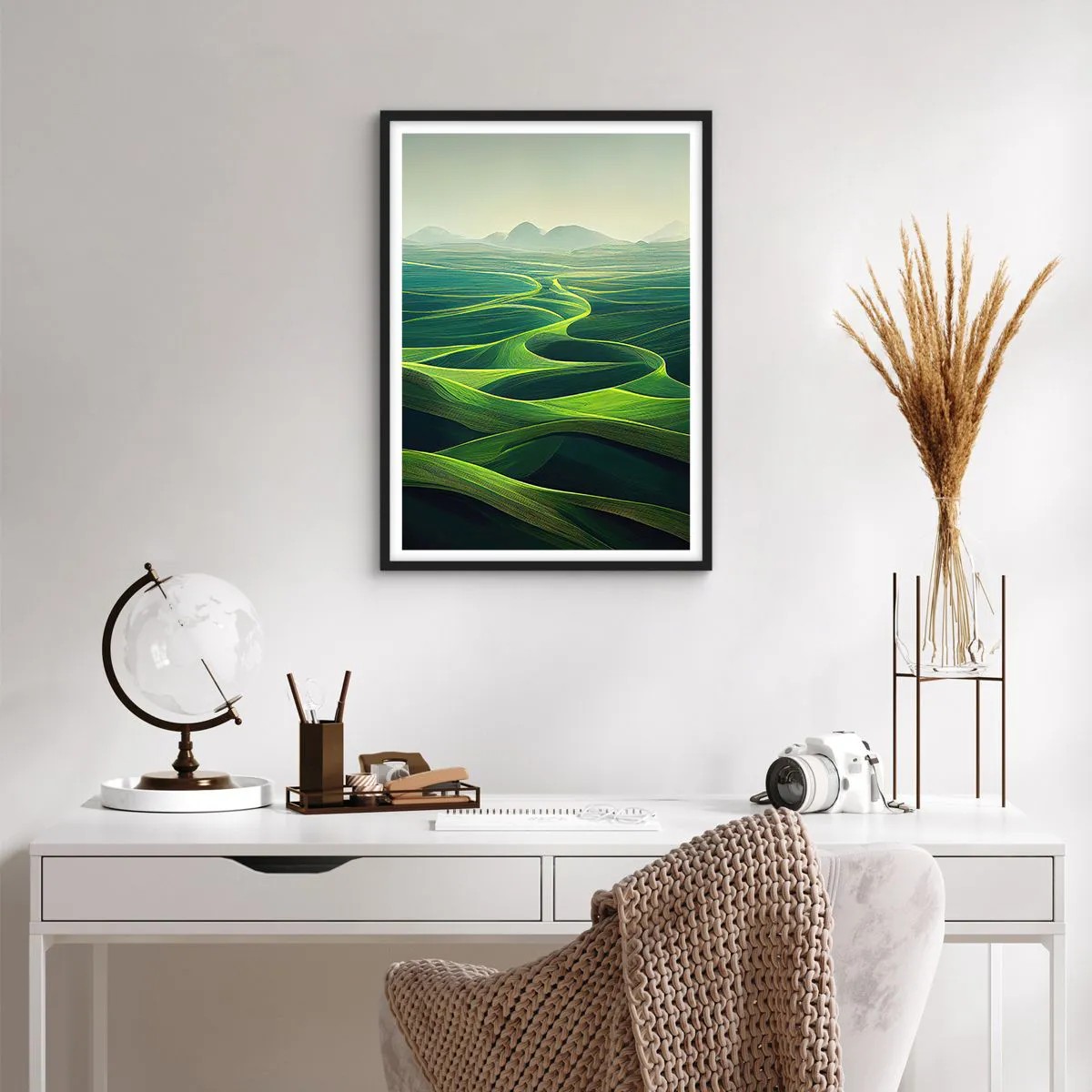 Pôster com moldura preta - Campos verdejantes com vista para as montanhas - 50x70cm - Nos vales verdes - Decoração de parede moderna para a sala de estar e quarto ARTTOR