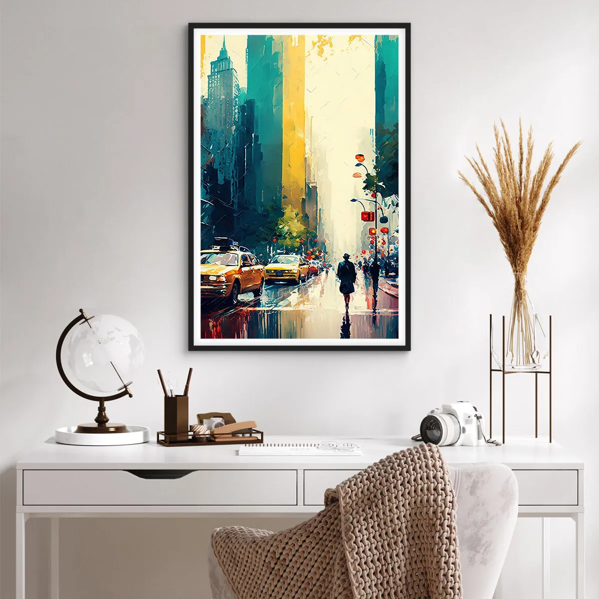 Poster in einem schwarzem Rahmen - New York – selbst der Regen ist hier bunt - 61x91 cm