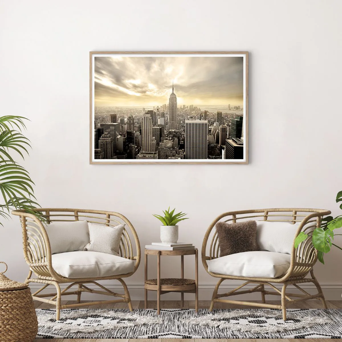 Poster in light oak frame - New York Woven in Grey - 100x70 cm