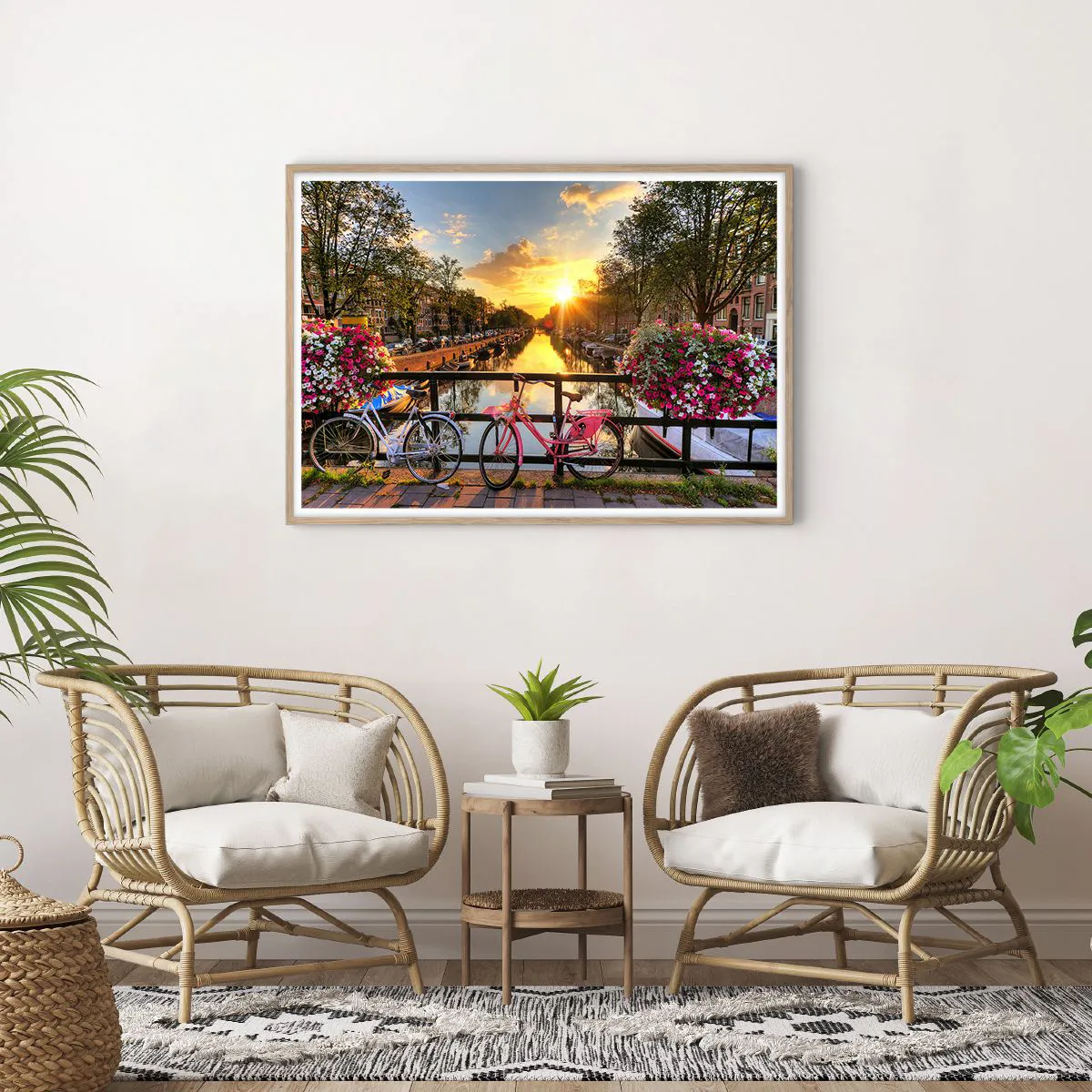 Plakat i ramme af lyst egetræ - Forårsmorgen i Amsterdam - 100x70 cm