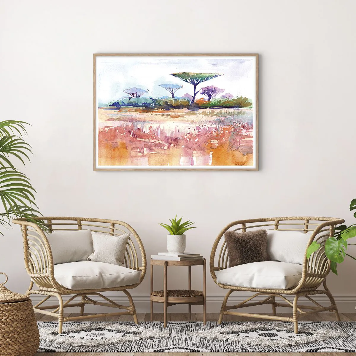 Plakat i ramme af lyst egetræ - Savannens farver - 100x70 cm