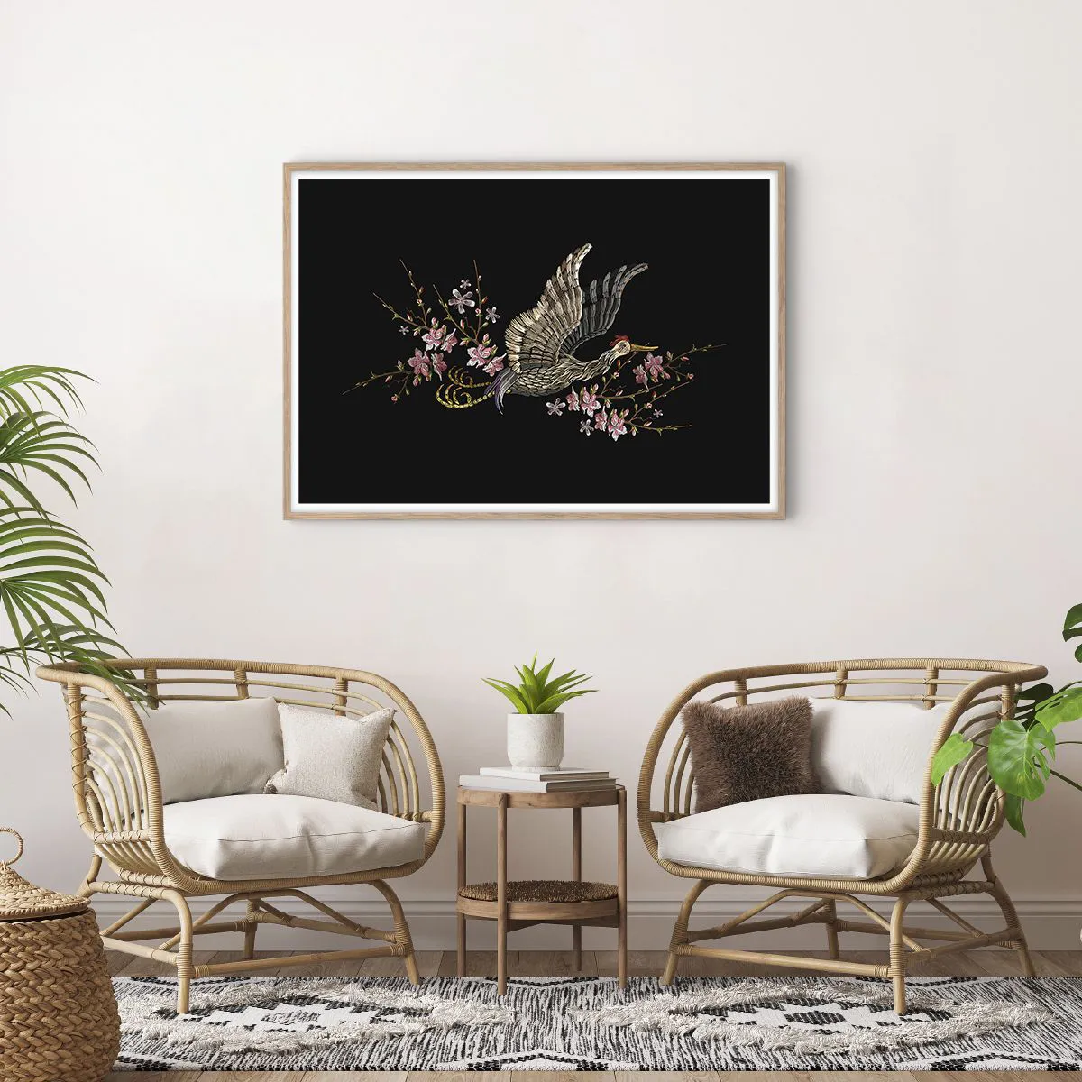 Affiche dans un chêne clair - Poster - Oiseau brodé exotique - 100x70 cm