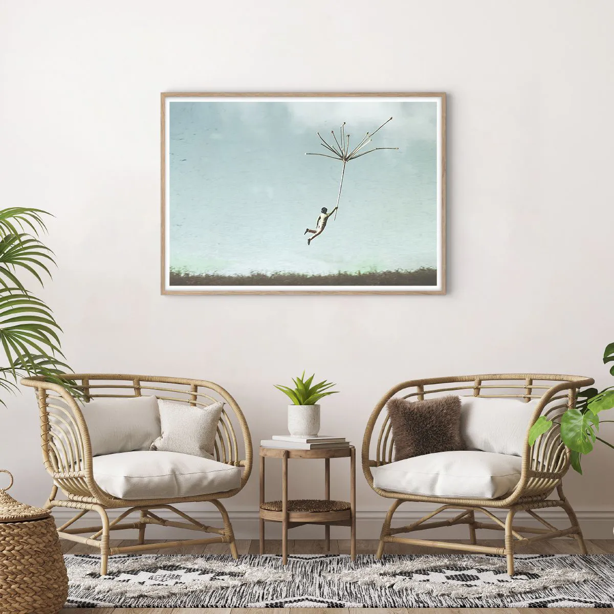 Poster in einem Rahmen aus heller Eiche - Drachen, Löwenzahn, Wind - 100x70 cm