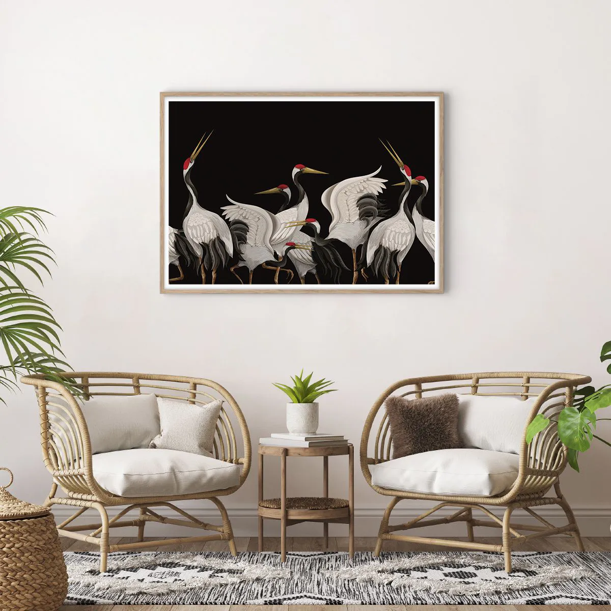 Plakat i ramme af lyst egetræ - Fugle anliggender - 100x70 cm