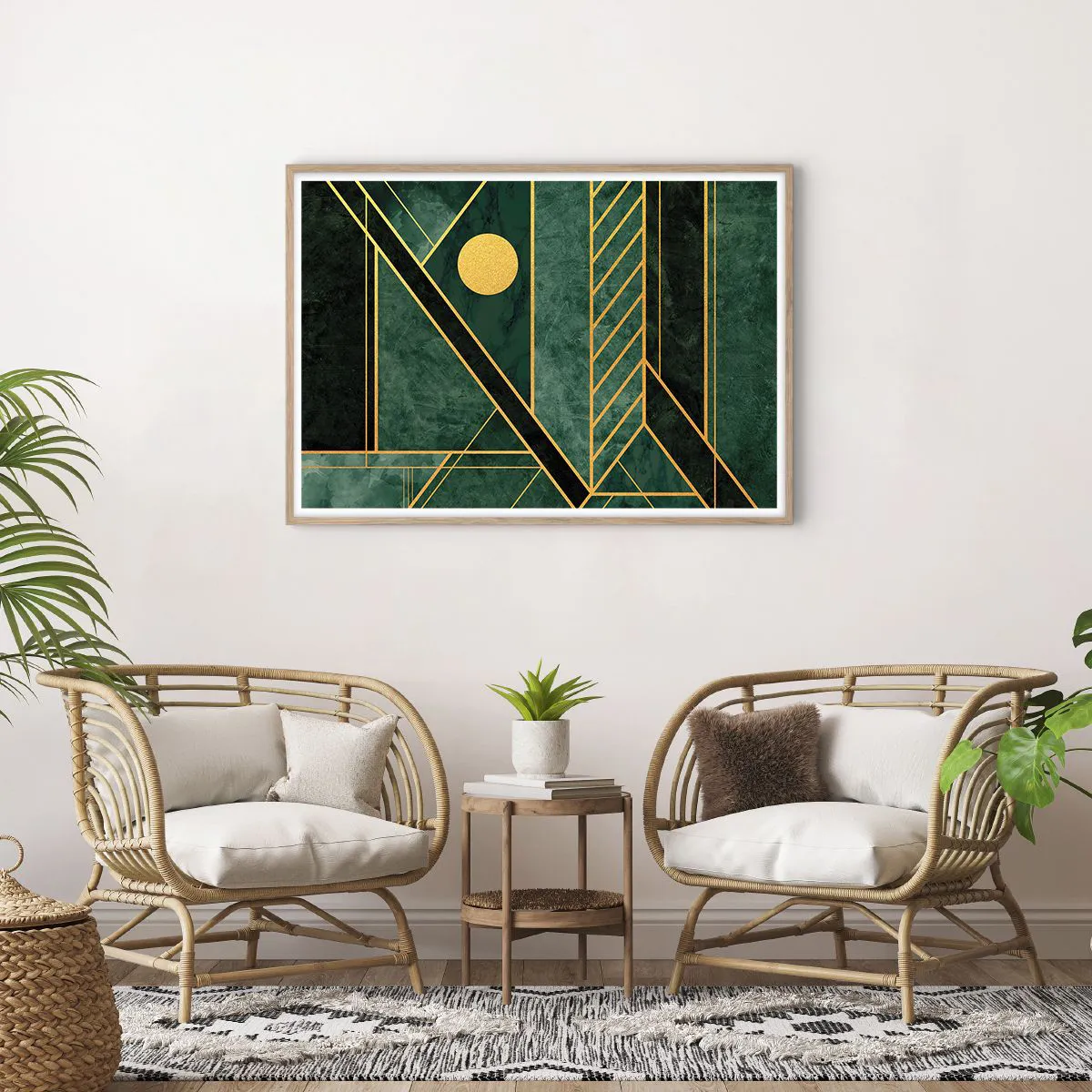 Een poster in een licht eiken lijst - Dynamiek van goud en azuur - 100x70 cm