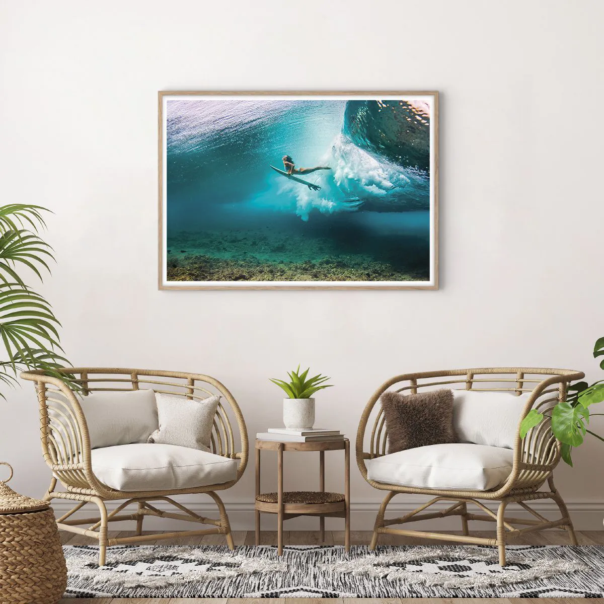 Plakat i ramme af lyst egetræ - Undervandsverden - 100x70 cm