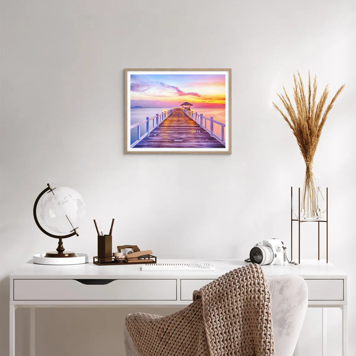 Plakát v rámu světlý dub - Liliově-zlaté ticho večera - 50x40 cm