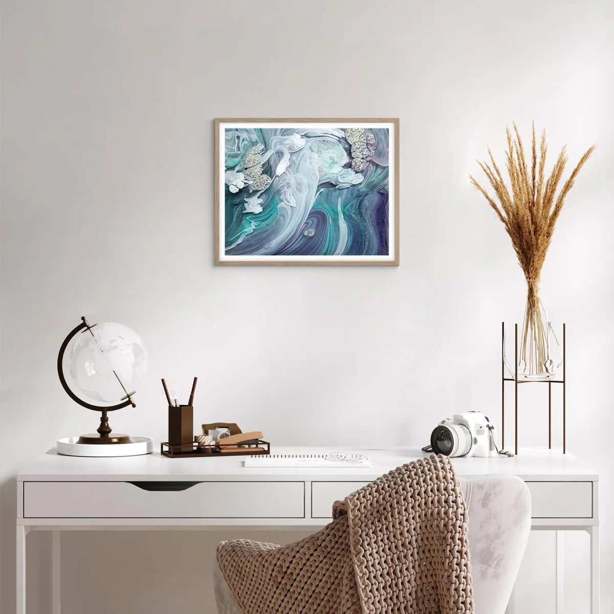 Póster en marco roble claro - Corrientes de azul - 50x40 cm