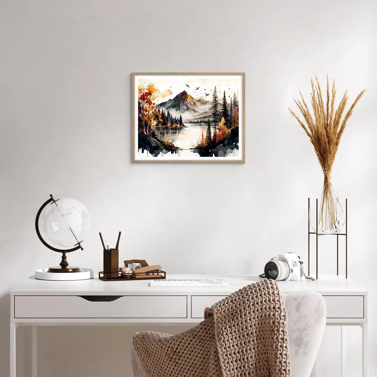 Plakat i ramme af lyst egetræ - Gyldent efterår i bjergene - 50x40 cm